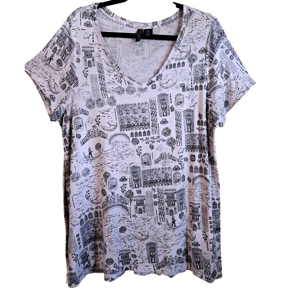 Cynthia Rowley Artsy Venice Toile Print V-Neck Top Pink Black 1X Short Sleeve
